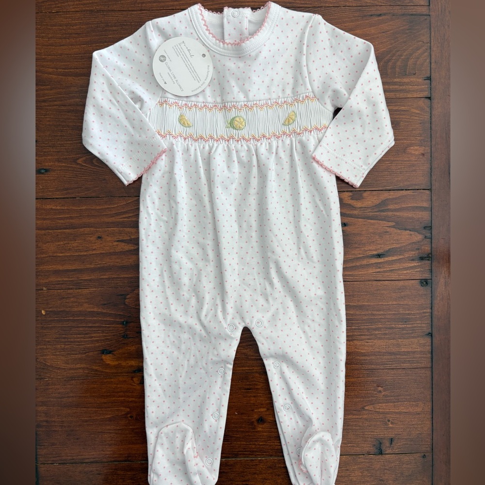 NWT Pineapple Sunshine Smocked Embroidered Lime Dot Footie Sz 3-6m